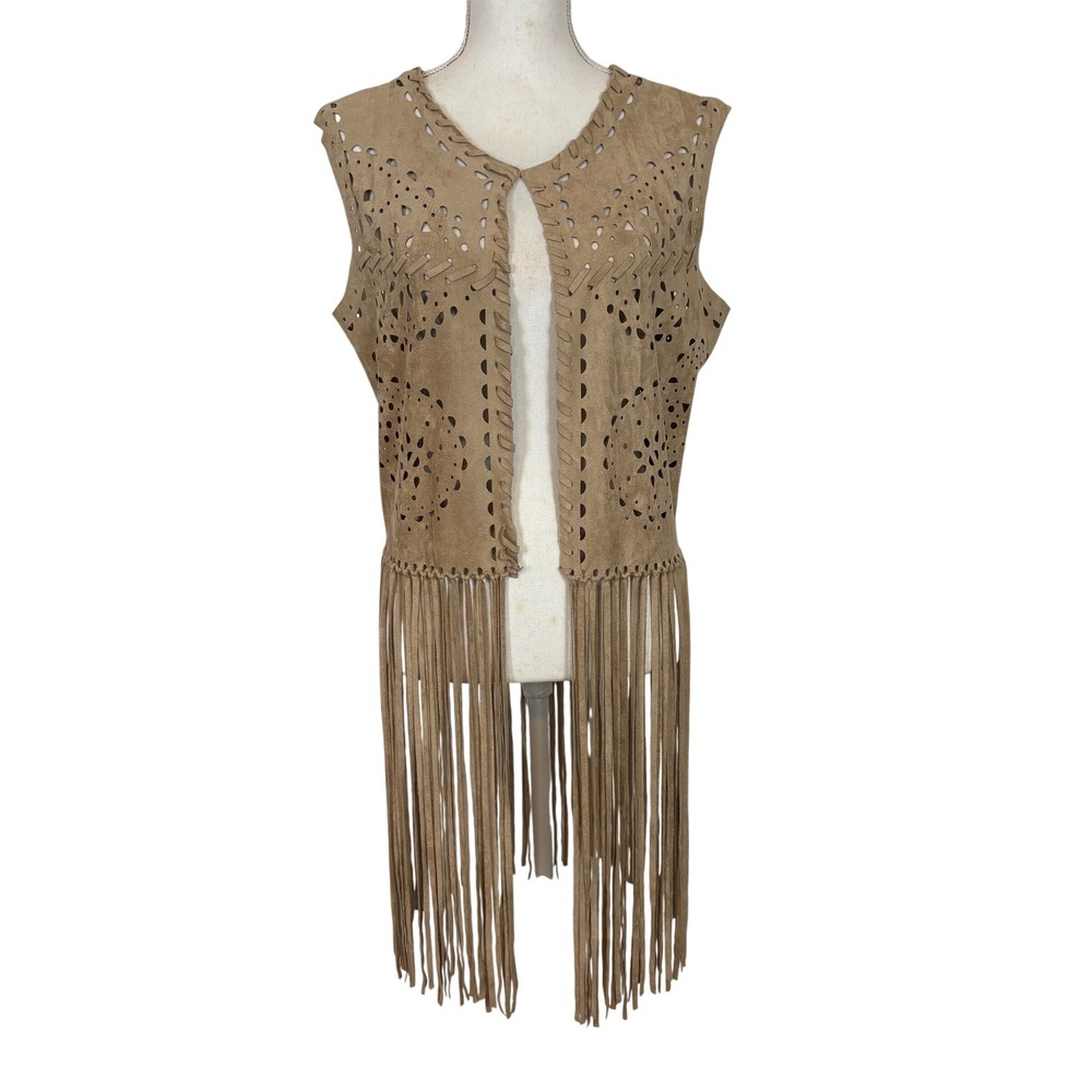 Alberto Makali Fringe Vest Women L Tan Boho Western Laser Cut Faux Suede Hippie